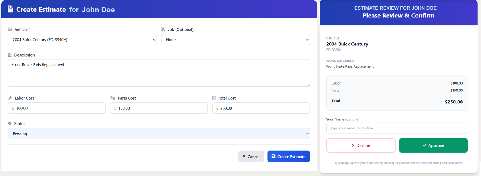 ManageAutoShop estimate approval dashboard